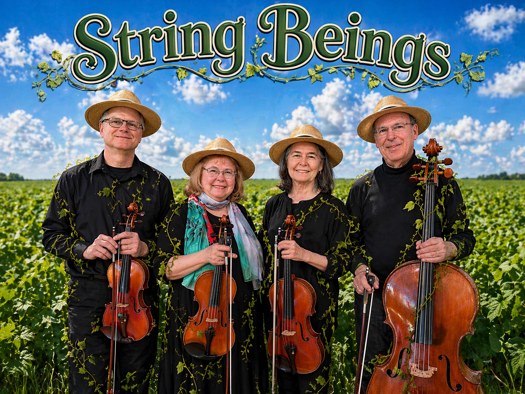 The four String Beings musicians in straw hats standing in a green bean field with their instruments, beneath the String Beings name in vine-wrapped lettering